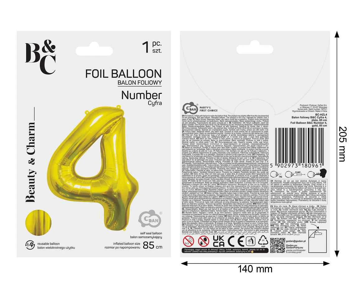 Foil Balloon B&C Number 4, Gold, 85 cm